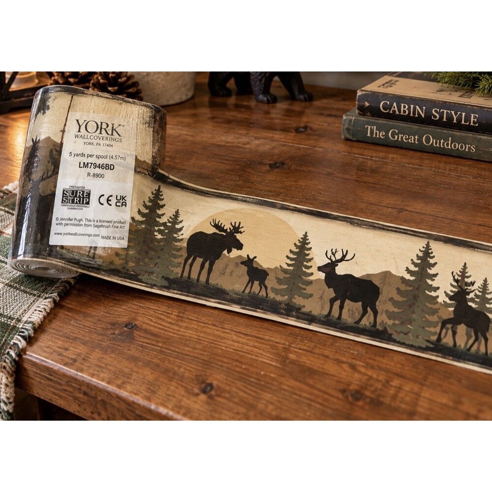 York LM7946BD Lake Forest Lodge Wildlife Wallpaper Border Moose Bear Deer 5 Yd